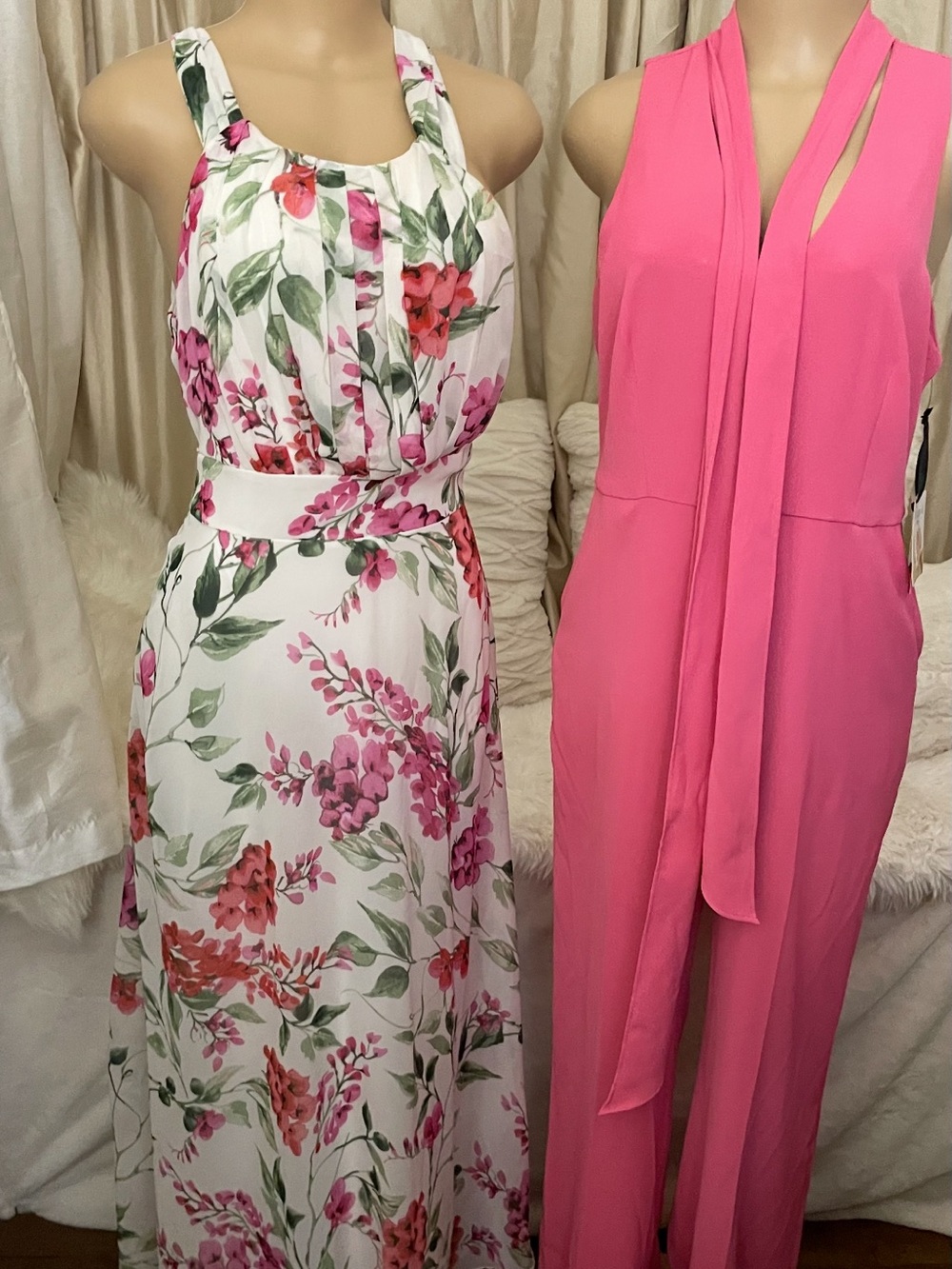 NY Collection White Maxi Dress w/ Pink & Green Floral Print & Cute Sash